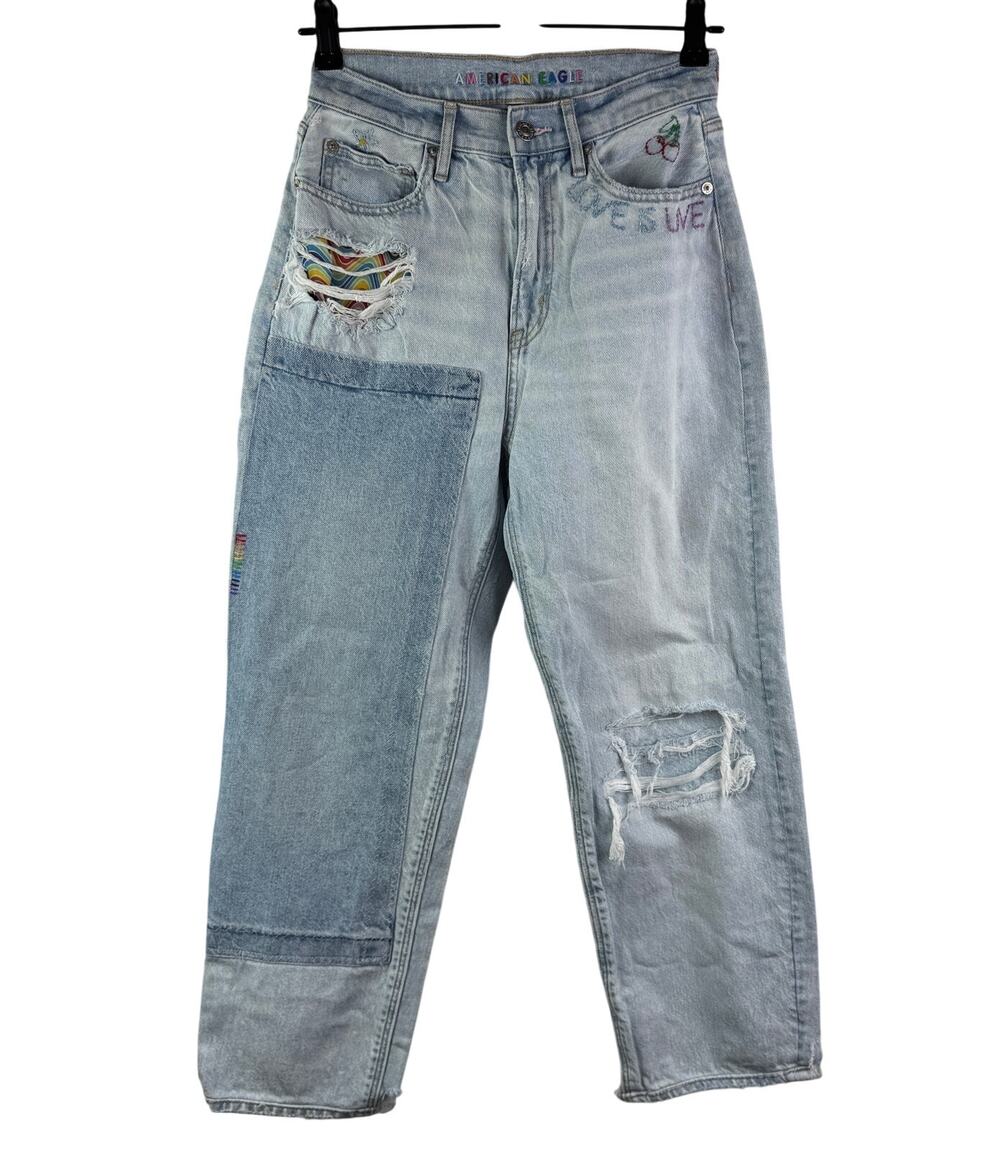American Eagle Strigid Blue Jeans Embroidered High Baggy Straight PRIDE Size 2